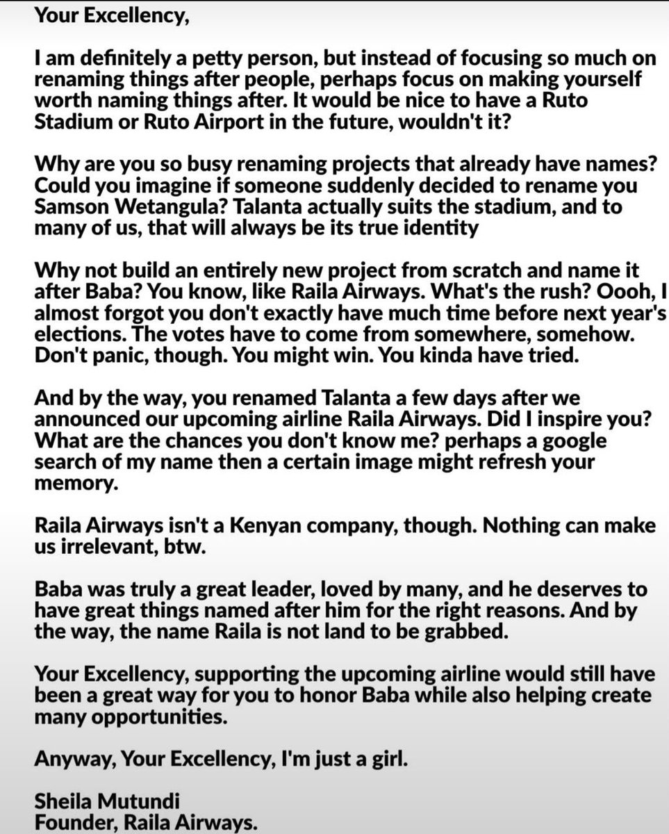 Bookten8's tweet photo. Huyu George Ruto’s rumored girlfriend, Sheila Mutundi aliita airline yake Raila Airways. Then a week later,Ruto eti anataka kubadilisha jina ya Talanta Stadium to jina ya Raila.

Remember, Sheila alikuwa ametaja hiyo airline yake two months after baba amekufa…

Najiuliza mbona Ruto hakubadilisha jina ya stadium before Sheila aanze Raila Airways? Ata stadium haijaisha, yet suddenly jina inataka kubadilishwa after Raila Airways kutangazwa?

Alafu huyu dem ako na guts, ona hii petty letter yake kwa Ruto?😂😂😂