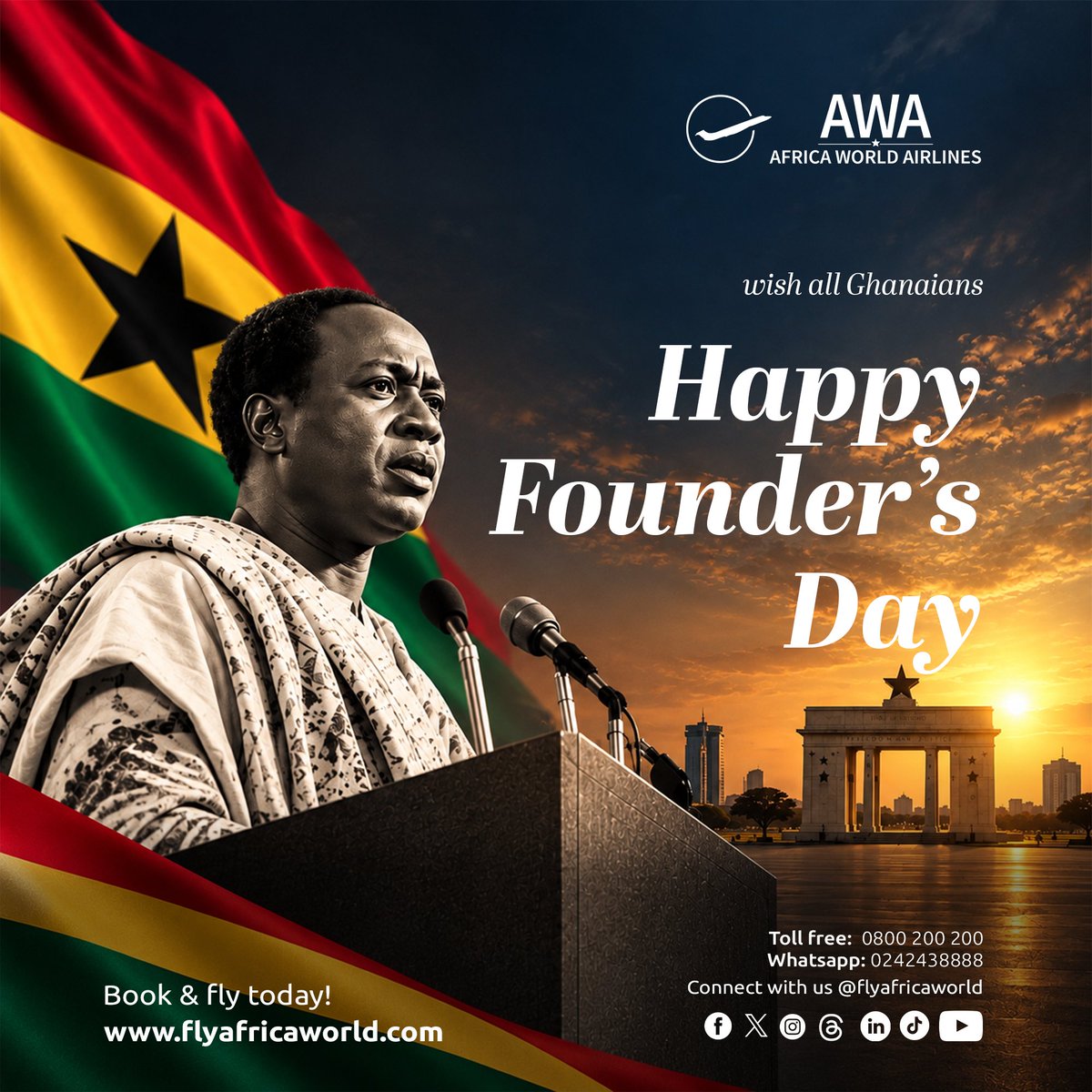 flyafricaworld's tweet photo. Honouring the visionaries who laid the foundation for Ghana. 🇬🇭 Their legacy inspires us to connect people, cultures, and opportunities across Africa. Happy Founders’ Day! ✈️🌍

#FoundersDay #Ghana #FlyAWA https://t.co/YstjQi37sU