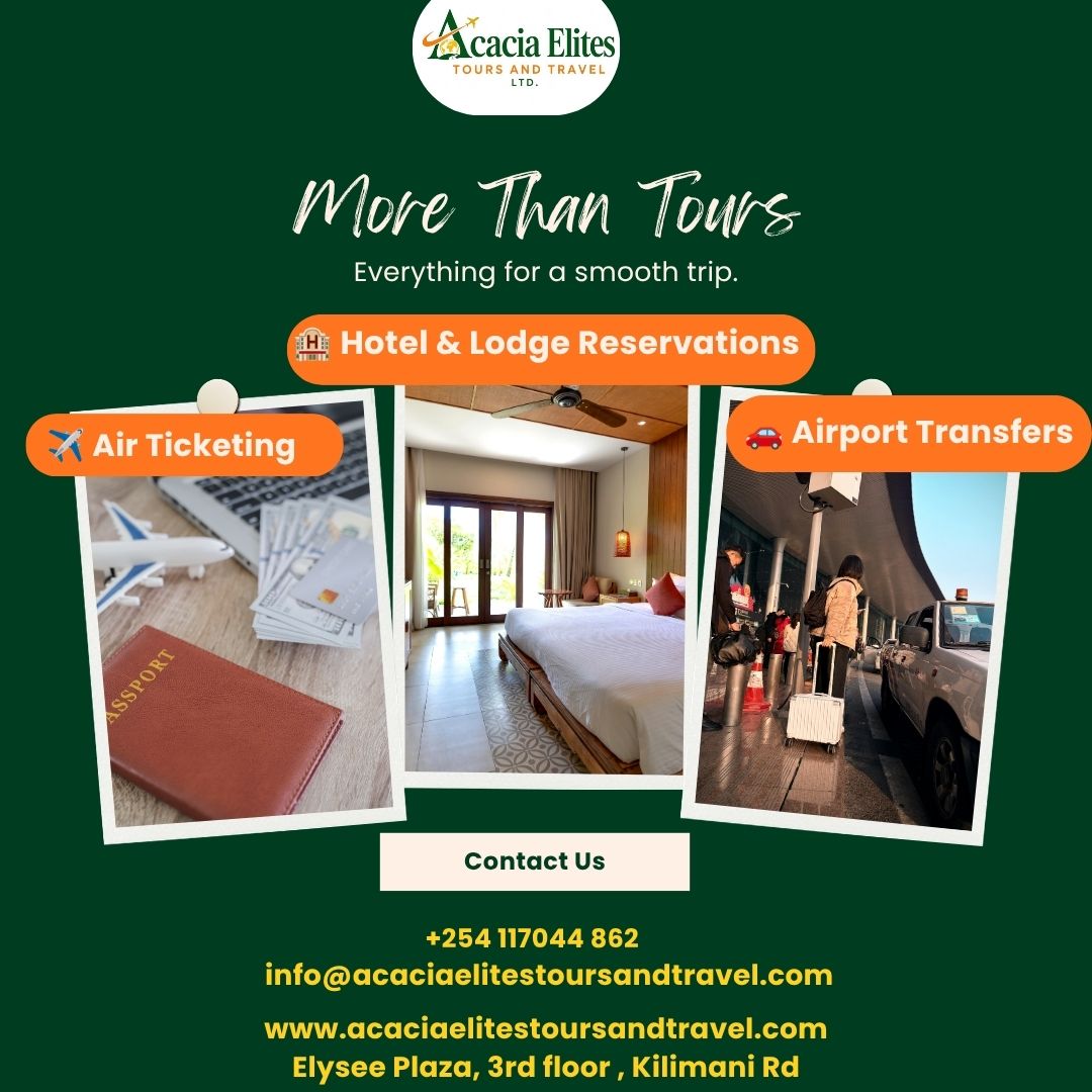 AcaciaElites's tweet photo. We also offer:
Air ticketing. Domestic and international flights.
Hotel and lodge reservations. Airport transfers. Smooth pick-ups and drop-offs. Message us to find out more:
📞 +254 117 044 862
📩 info@acaciaelitestoursandtravel.com
🌐 https://t.co/28CnJWxb8i https://t.co/4FH3iilX7T