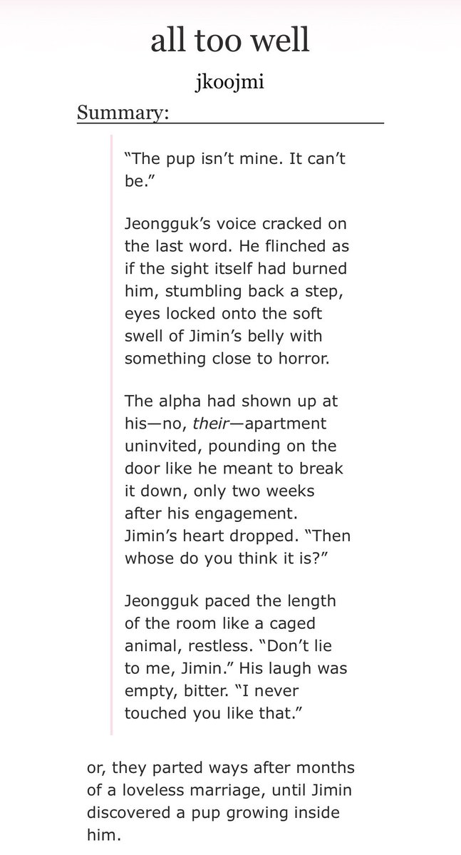 jkoojmi's tweet photo. all too well — #jikook fic 

♡ chapter 1 — 8k words
♡ alpha jungkook, omega jimin
♡ mpreg
♡ heavy angst, happy ending
♡ arranged marriage

🔗 https://t.co/ONbzDDMGhI https://t.co/MLI2Uc0FSV
