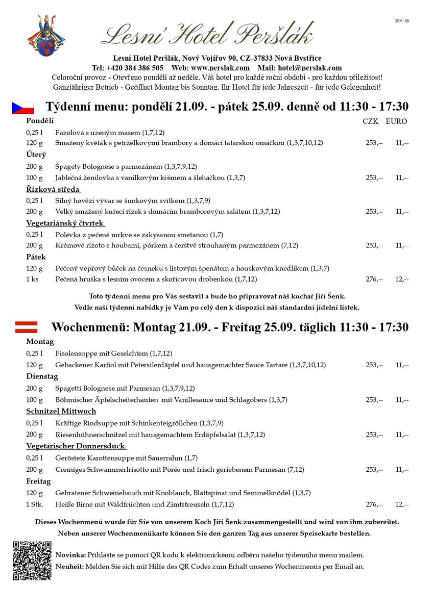 Hotel_Perslak's tweet photo. 🇨🇿 Naše týdenní menu od pondělí 21.09.26 do pátku 25.09.26 a volnočasové tipy. https://t.co/hTeBg5h7kG