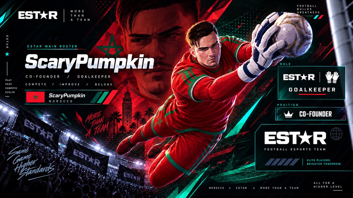 EstarRFC's tweet photo. Introducing ScaryPumpkin 🇲🇦
Co-Founder of EST★R FC &amp; our Goalkeeper.

A key part of the project from the beginning, leading from the back and helping build EST★R on and off the pitch. 🖤⭐

#estarrfc #rematch #ESTAR https://t.co/671YNieDab
