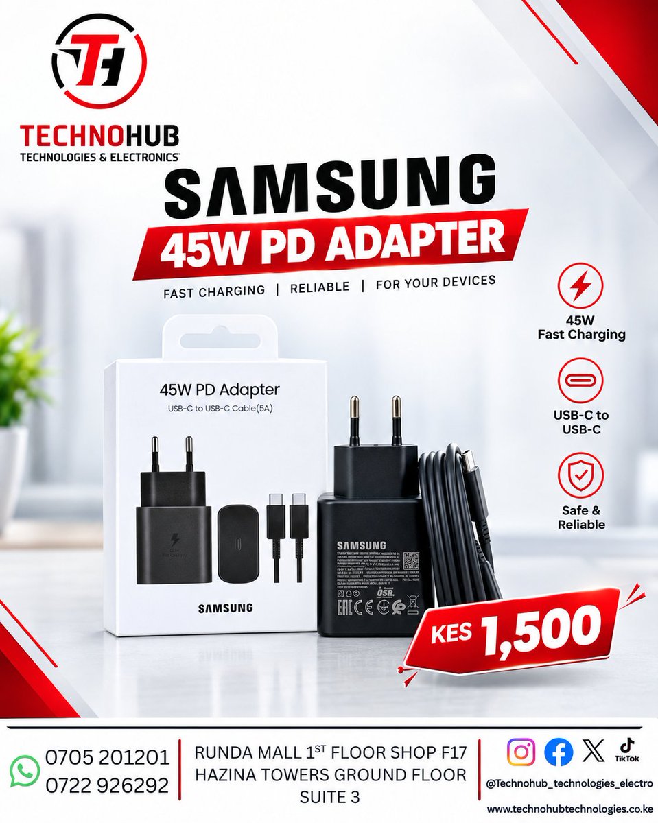 technohubtech's tweet photo. ⚡ Power up your devices with the Samsung 45W PD Adapter! Fast, reliable charging with USB-C to USB-C cable — now only KES 1,500. 🔥
📍 Technohub Technologies
📞 0705 201201 | 0722 926292
#Samsung #FastCharging #Technohub https://t.co/t6bIoWsrEE