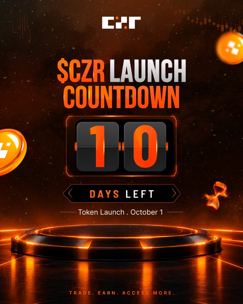czrexchange's tweet photo. 10 DAYS TO GO. 🚀
$CZR launches for Spot trading on October 1, exclusively on CZR Exchange.
CZR/USDT is coming.
Transact globally. Settle instantly.
Get ready: https://t.co/lSwIVQCiTe https://t.co/gKDaAoHOzO