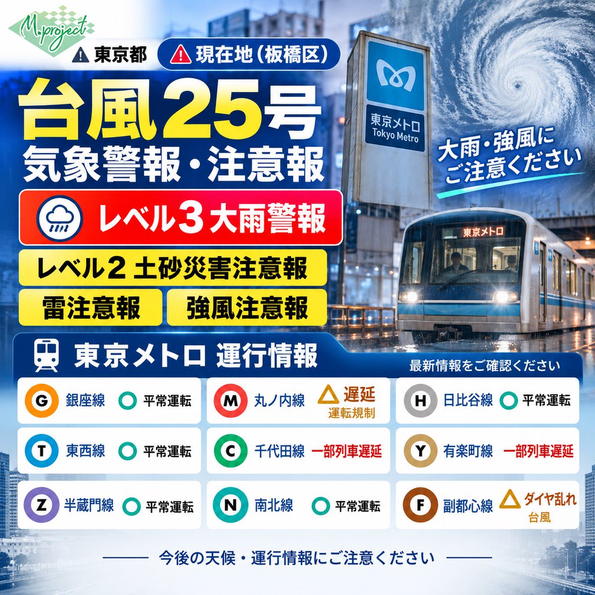 yoshiyuki_mo's tweet photo. 【運行＆出入口情報】台風25号接近に伴い、東京メトロでダイヤ乱れ・遅延が発生中（振替輸送なし）。一部駅では出入口閉鎖や止水板設置も行われています。  
⚠️閉鎖箇所（16時現在）
・東西線 落合駅：2bエレベーター
・有楽町線・南北線 市ケ谷駅：6番出入口  
移動の際は最新情報の確認とお足元にご注意ください！
＃板橋区 ＃板橋 ＃小竹向原駅 ＃副都心線 #有楽町線 #南北線 ＃東西線