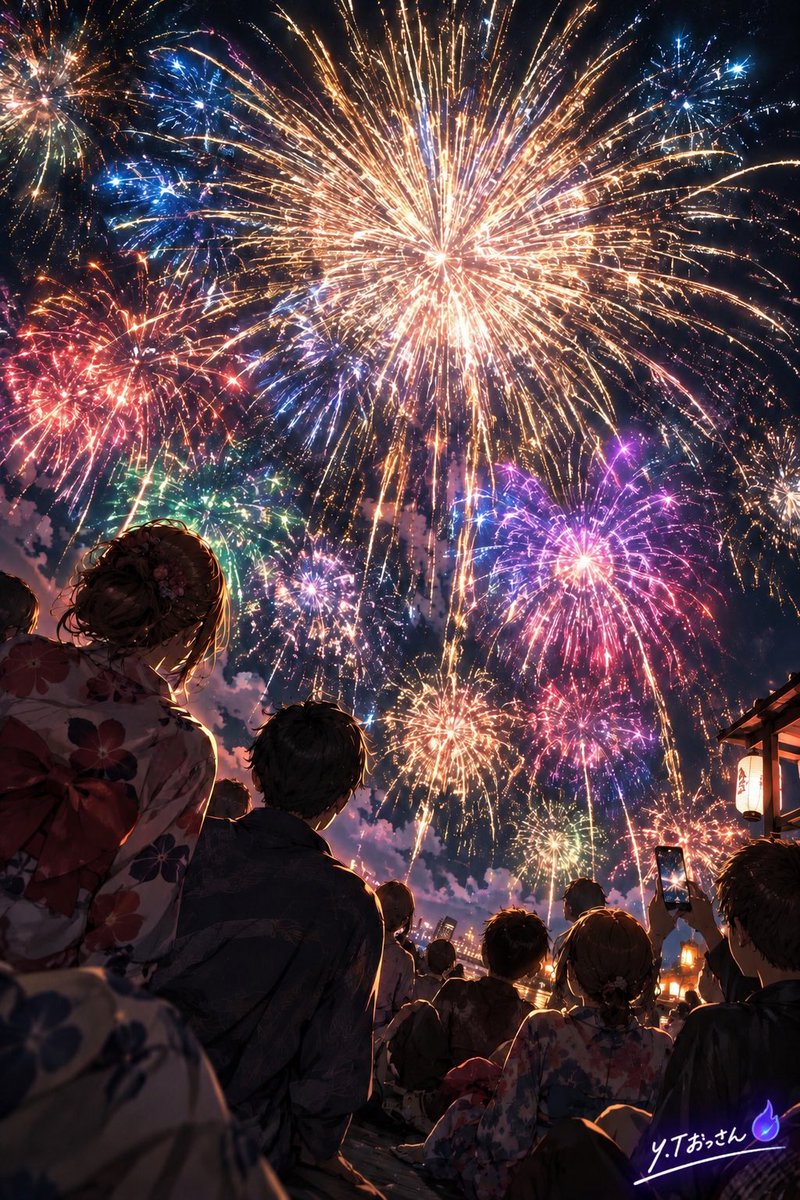 yt_ossan_'s tweet photo. 「花火」🎆

花火大会へ向かう途中から、
見上げる人たち、線香花火、
ちょっと変わった視点の花火、
そして全部終わったあとの静かな海まで。

いろんな視点から、自分の中にある「花火」を作ってみました。

#花火 #創作イラスト #夏の風景 #AIイラスト https://t.co/m8V3aZajUa