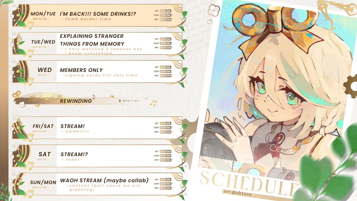 ceciliaimgreen's tweet photo. 🍵I'M BACK!!! SCHEDULE🍵

HELLO OTOMOS!!! LET'S HAVE FUN THIS WEEK!!!!!!!!!!!!!!!!!!!!!!!!!!!!!!!!!!!!!!!!!
Starting today with welcome backs and Lara Croft and drinks hehehehehehehe

---------------------
Live #ImmerScreen
Art #Immergination
Music #ImmerPiece
Memes #ImmerMemes https://t.co/99FxKW28fu