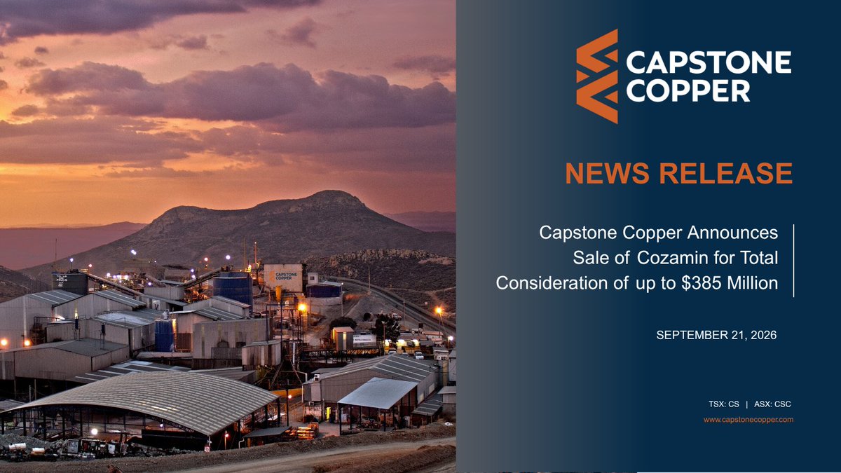 CapstoneCopper's tweet photo. We are pleased to announce the sale of the Cozamin mine in Mexico to Luca Mining Corp. for up to $385 million in total consideration. The transaction optimizes our portfolio and further strengthens our balance sheet, enabling us to redeploy capital into our high-return projects as we advance towards transformational copper growth in Chile and the United States.

Cozamin has been an important part of our portfolio, and we extend our sincere thanks to everyone at Cozamin for their dedication to operational excellence and safety over the last 20 years. We believe Cozamin will be well positioned under Luca’s ownership, and that the workforce, local stakeholders, and surrounding communities will benefit from Luca’s operating expertise in Mexico, safety culture, and commitment to invest in Cozamin’s future.

Please see the press release for further details: https://t.co/GH0QeQ1lYc