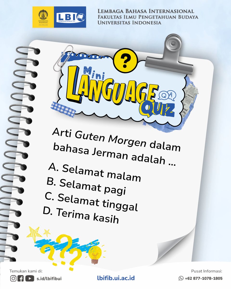 lbi_fib_ui's tweet photo. Kira-kira apa ya jawabannya? 🤔 Apakah Sahabat LBI bisa bantu menjawab? ⬇️💬
Any questions?
Contact us on:
WhatsApp (Chat Only)
+62 877-1078-1805
Email
informasi@lbifibui.com
LBI FIB UI
Leading, Bold, Impressive
#KursusRasaNgampus
#LBIFIBUI
#LembagaBahasaInternasional https://t.co/NMv02fnnQQ