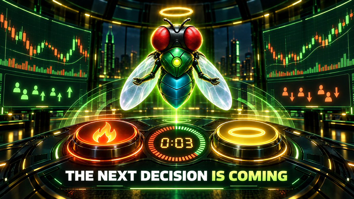 flyjev's tweet photo. The next decision is coming. 🪰

Every three minutes, creator fees are converted into a market buy of $FLYJEV.

Then Jev reads the market and sets the odds:

🔥 Burn the purchased tokens forever
😇 Bless one holder with the entire buyback
Nobody knows which door opens next.

The fly decides. Solana rolls.