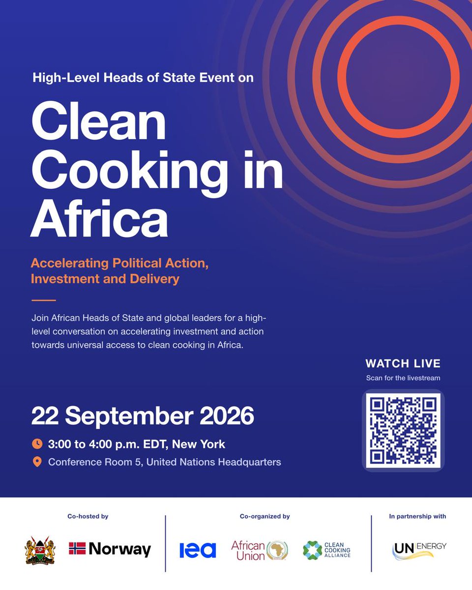 ClimateEnvoyKe's tweet photo. Looking forward to tomorrow’s High-Level Heads of State Event on #CleanCooking in Africa at #UNGA81.

Building on the momentum from our July high-level convening, Kenya 🇰🇪 and Norway 🇳🇴 will co-host, with the @IEA, @_AfricanUnion & @cleancooking as co-organizers, and in partnership with @UN_Energy.

We look forward to welcoming global leaders to advance political action, investment & delivery for clean cooking across Africa.

When: 22 Sept | 3–5 PM EDT
Scan the QR code to join us live.

The momentum is building. Now is the time to turn ambition into investment and delivery.