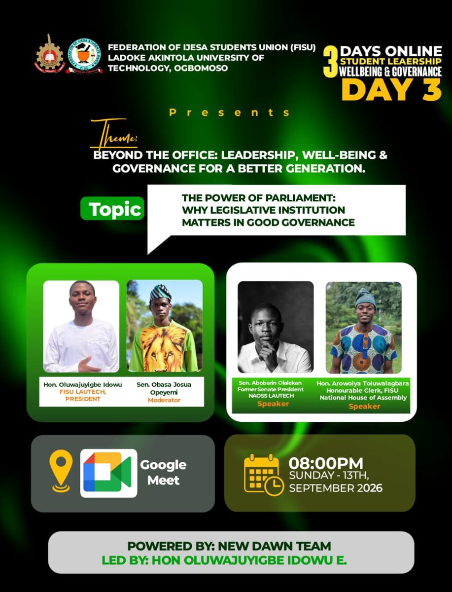 NLV_LAUTECH's tweet photo. The President of Federation of Ijesa Students Union (FISU) LAUTECH, Hon. Oluwajuyigbe Idowu E. anchored the 3 Days Online Student Leadership, Well-being &amp; Governance Summit (powered by his New Dawn Team) under the watch of the Leadership of NLV '25. https://t.co/HW81YJR2yD