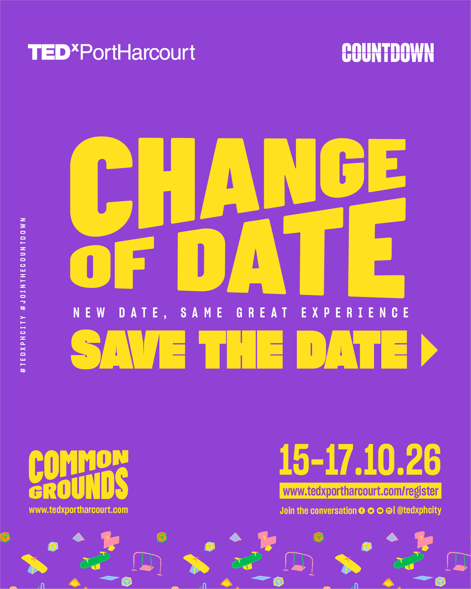 TEDxPHcity's tweet photo. TEDxPortHarcourt 2026 Update!

Please note our updated event dates: October 15–17, 2026 at EUI Event Centre, Port Harcourt.

Don't miss out on the region’s premier gathering of thinkers, innovators &amp; doers.  

🎟️ Get your ticket here: https://t.co/roxtiJNGRW https://t.co/8bkEGoXnlU