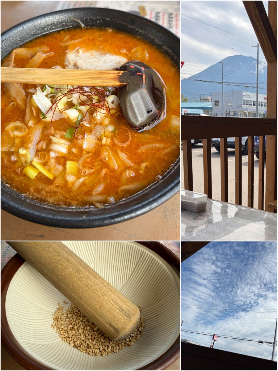 camcamxx's tweet photo. 不幸があり急遽実家方面へ
途中で食べたラーメン！羊蹄山をバックにテラス席で^ ^気温は高いけどもう秋の空🍂気持ち良かったです。夫が風邪気味な事もありすぐ失礼しました。夜は鶏もも肉と白菜と舞茸のクリーム煮〜豆乳仕立てでグルテンフリー 身体が温まり滝汗状態…で今タンクトップ姿💦 https://t.co/sw1YL6Ned3