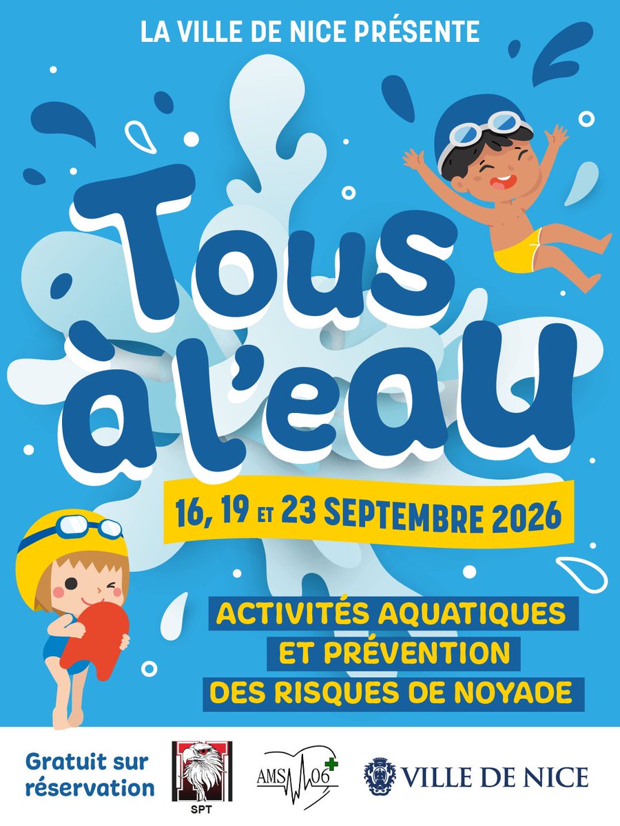 VilledeNice's tweet photo. 💦 Les 16, 19 et 23 septembre, « Tous à l’eau » invite pichouï et grands à découvrir différentes activités aquatiques et à s’informer sur la prévention des risques de noyade.

🎟️ Activités gratuites sur réservation : https://t.co/YzAz08o1hi https://t.co/MQuSftYfWn