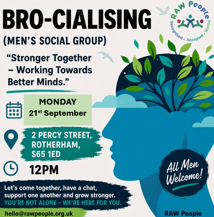 Stag_RosePPG's tweet photo. #monday - RAW People CIC
👥Men’s Group - Bro-cialising –🕛 12noon–2pm - Socialising, support and friendship. All welcome
#PeerSupport #livedexperience #bettertogether #Bro-cialising #MensMentalHealth #ItsOkayToTalk #mentalhealthmatters https://t.co/IGDyBLrYZC