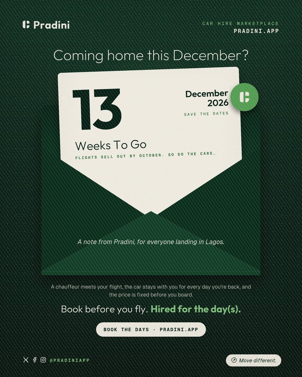 pradiniapp's tweet photo. Life is like a long trip. Nobody remembers the traffic, they remember who was in the car.

Coming home this December? Book your preferred car before you fly and your chauffeur stays with you for all the days you're here.

https://t.co/QPekswTT4A · Support +234 704 785 3697
#DettyDecember #ComingHome #Pradini #MoveDifferent