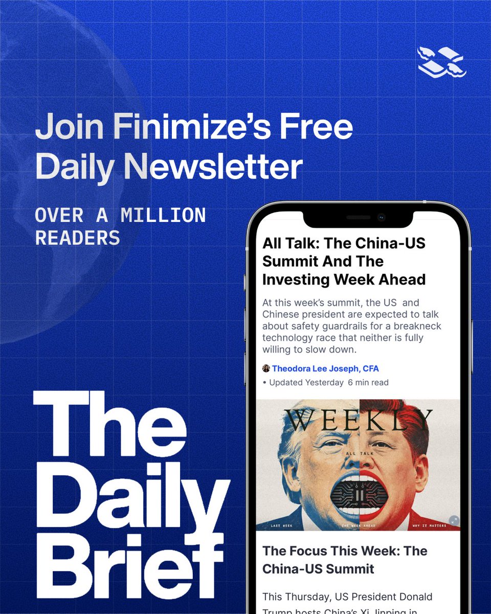 finimize's tweet photo. What do you need to know for the investing week ahead? 📈

This Thursday (24th), US President Donald Trump hosts China’s Xi Jinping in Washington for a summit that picks up a conversation the two leaders began when they met last, in Beijing this May.

Then, alongside trade, rare earths, the war in Iran, and Taiwan, the presidents discussed, well, discussing “guardrails” for AI development.

Read full Weekly Brief on https://t.co/vcBs0MfgmO, or subscribe to our free newsletter The Daily Brief to stay in the know. 
https://t.co/Qs1cZKCzzd