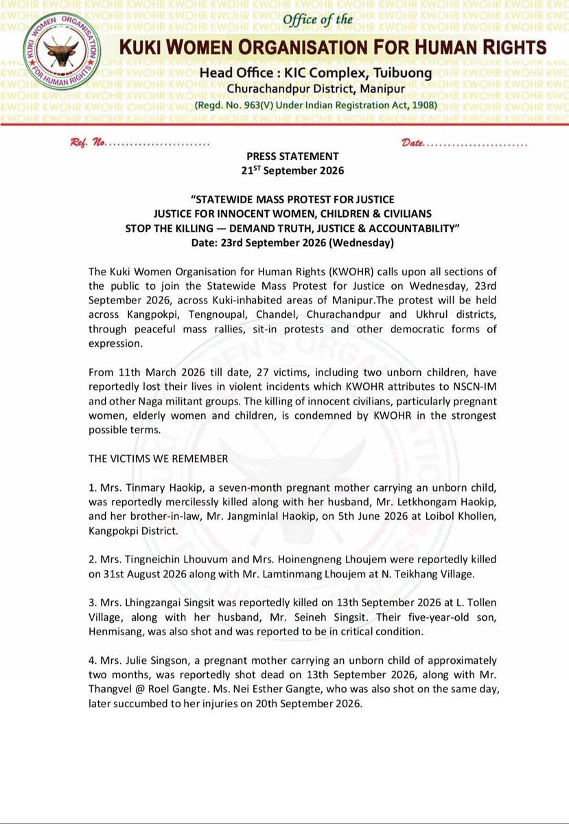 Sumkawn's tweet photo. The Kuki Women Human Rights group will organise a statewide protest on Sept. 23 across all Kuki-inhabited areas of Manipur against the killing of an innocent Kuki woman by NSCN-IM and its proxy group
@PIBHomeAffairs @ANI @PTI_News @the_hindu @thewire_in @IndiaTodayNE @NENowNews https://t.co/CGvxHFVN2U