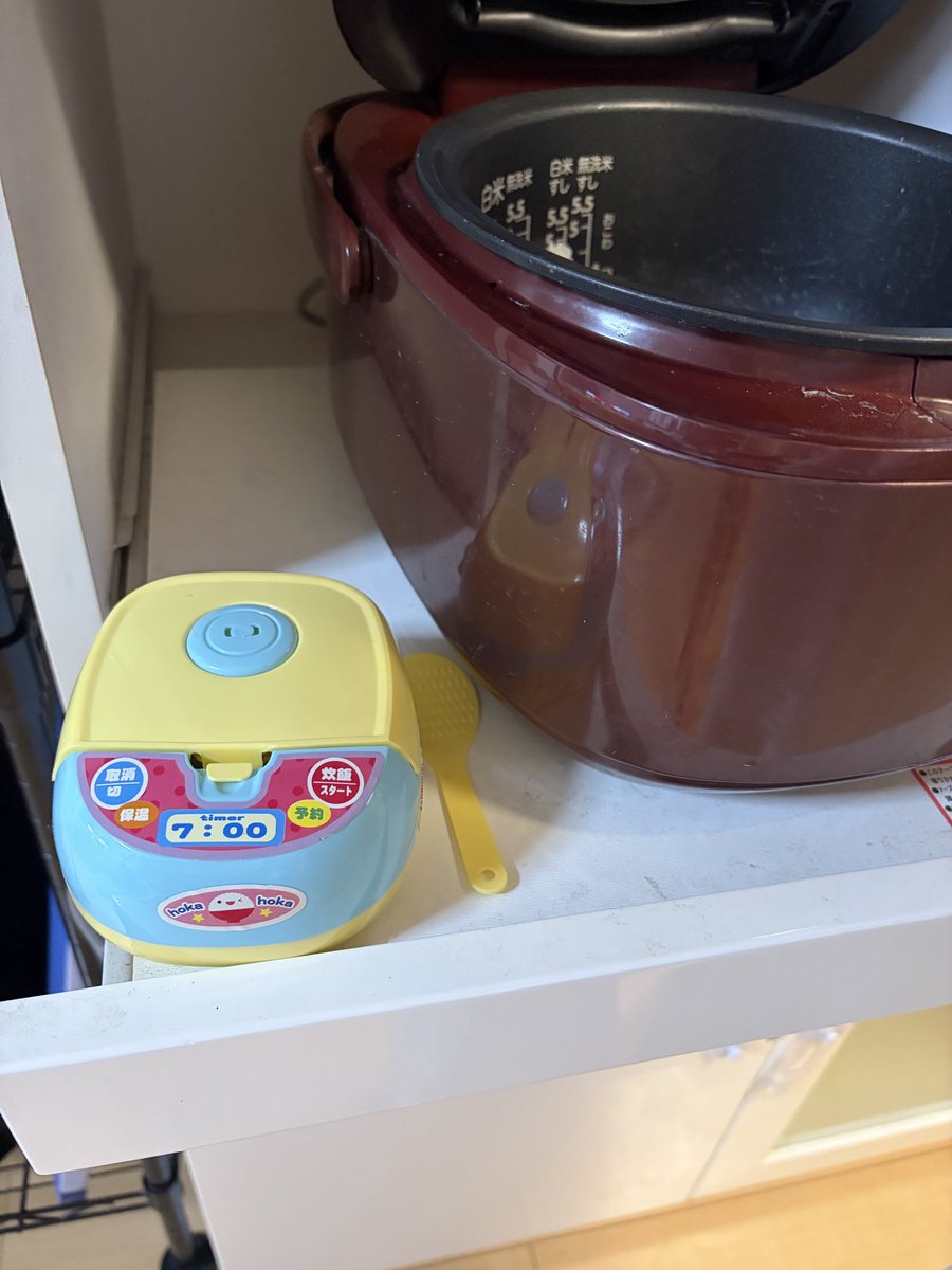 akachan0425's tweet photo. うちの子の本日の1番可愛い行動
第1位　炊飯器の隣に、おままごとの炊飯器としゃもじ準備 https://t.co/iu1eLrRkDE