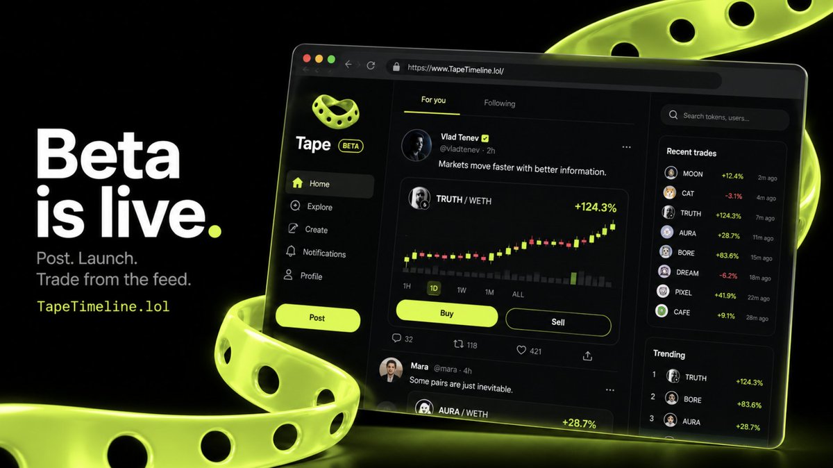 TapeTimeline's tweet photo. Tape beta is live.

https://t.co/I3QiSxJYoD

Connect a wallet. Claim your handle. Post your first take. Read the docs.

The full product opens the day $TAPE launches: token launches, trading from the feed, creator fees. Everything at once.

Launching soon on @RobinhoodCrypto. https://t.co/Y6p2SHpN55