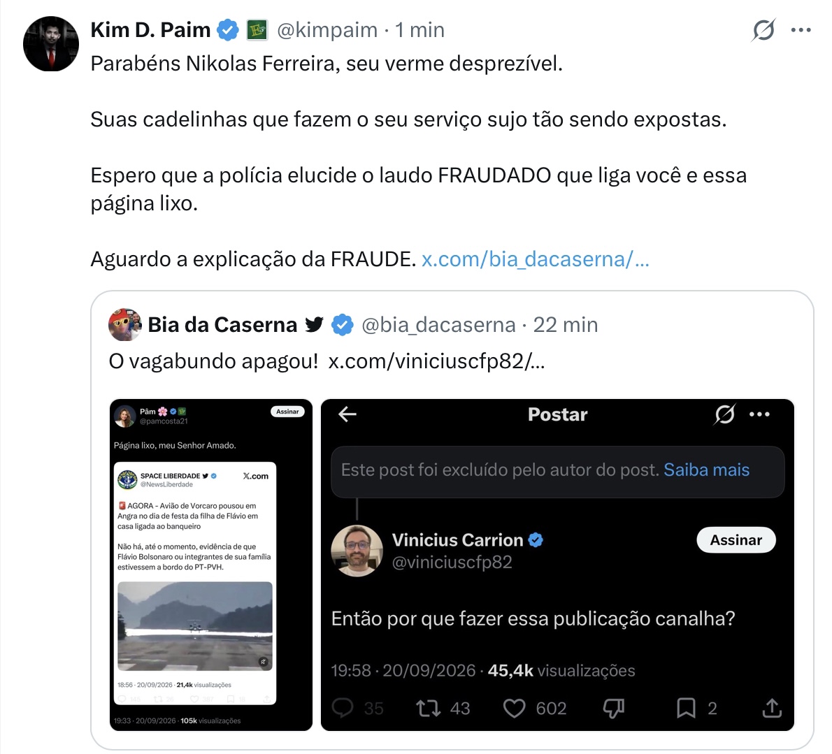 FelipeCostaBR97's tweet photo. Em poucas linhas, Kim Paim:

1) Xinga Nikolas e culpa-o pelo erro de terceiros.

2) Acusa Nikolas e o SL — sem provas — de fraude em laudo.

3) Cava uma narrativa para que o regime persiga o deputado.

Está claro: ele é capaz do pior para ver Nikolas fora da política — assim como fez ao celebrar a decisão absurda contra Deltan.

Que o @FlavioBolsonaro, o @rogeriosmarinho e outras figuras proeminentes da direita reflitam sobre os males causados por esse demônio, um dos seres mais perversos do debate político brasileiro.

Que Deus proteja Nikolas de todo o mal. 🙏