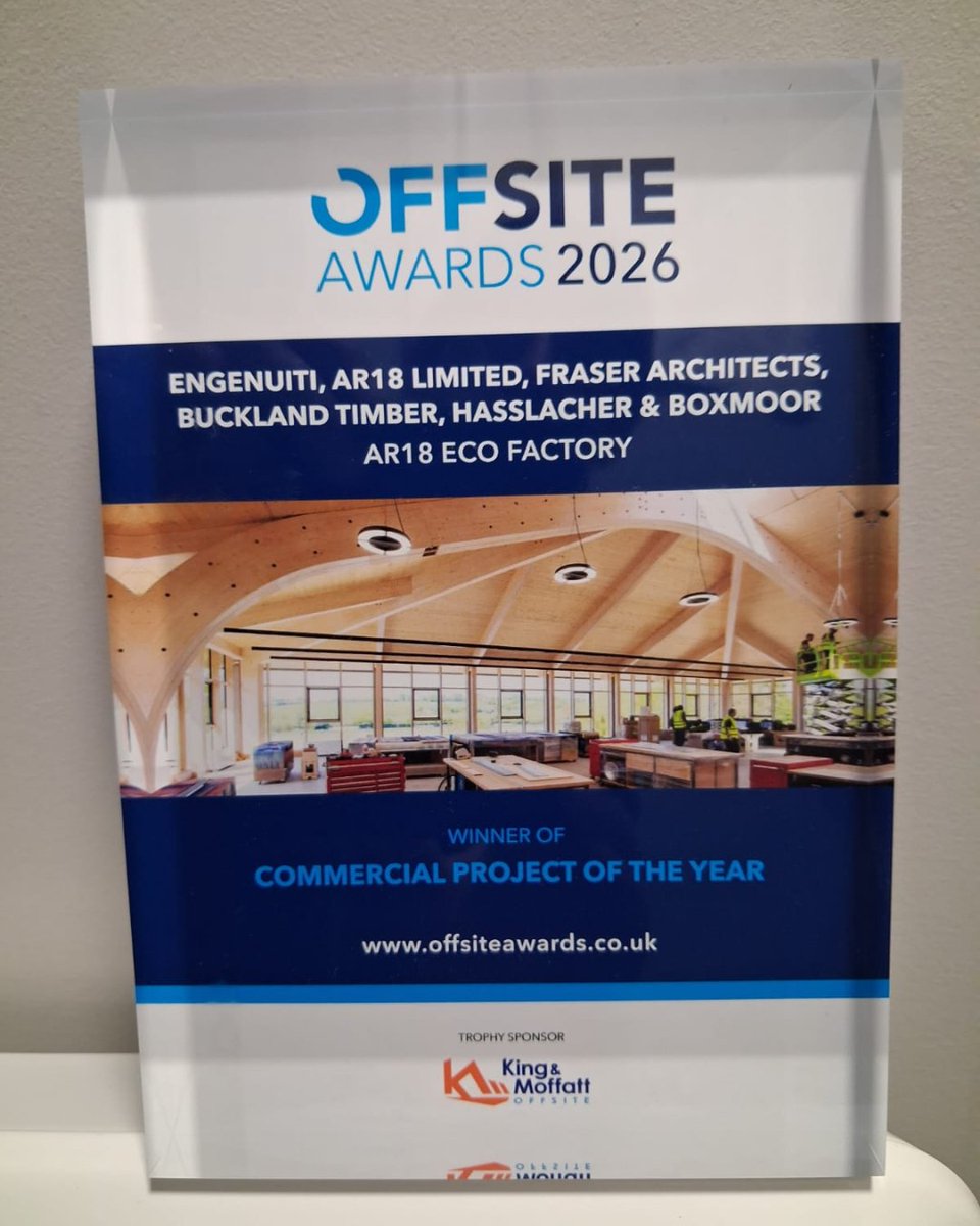 BucklandTimber's tweet photo. AR18 Eco Factory has won Commercial Project of the Year at the 2026 #OffsiteAwards! 🏆
A brilliant result and congratulations to the whole project team. Great to see the project recognised!
#Glulam #TimberEngineering https://t.co/3dp8vihTdS