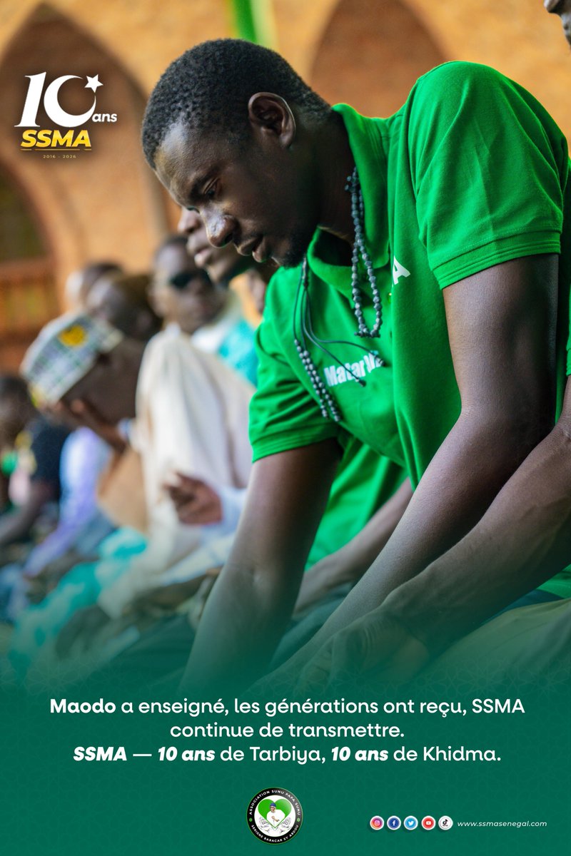 SsmaSenegal's tweet photo. ‼️🙏 10 ans, Fukki att Ssma

Maodo a enseigné, les générations ont reçu, la SSMA continue de transmettre

Plus qu'une Association💚🤍🖤

#tendance #Sénégal #dakar #kebetu Pape Bou At Tijani @super fans PAPE SIDY FALL Oustaz Makhtar Sarr Oustaz Fatah Sarr officiel Grande Mosquée https://t.co/t78ICyEMQo