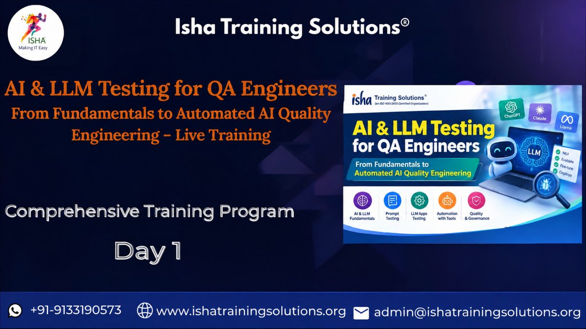 IshaKumargupta's tweet photo. AI & LLM Testing for QA Engineers – Day 1 Recording: Live Training
Watch here: https://t.co/18MaPxkeJd
Regular Sessions Start: 26th Sept
Timings:
26th Sept@7:30PM IST/26th Sept@10:00AM EST
Fee: ₹8,900/$109
https://t.co/wASJzOtA2G
Contact us: +91 9133190573
#AILLMTesting https://t.co/7brloaegoC