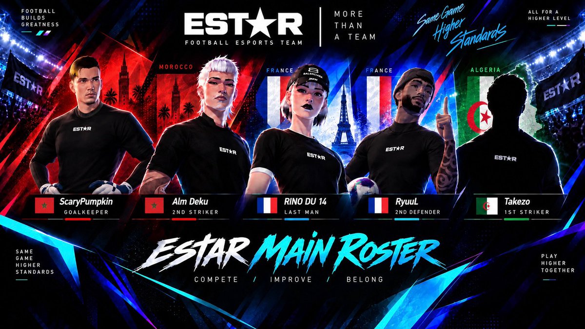 EstarRFC's tweet photo. ⚔️ EST★R MAIN ROSTER

The five representing EST★R.
Different roles. Different styles. One objective. 🖤⭐

🧤 ScaryPumpkin
⚔️ Alm Deku
🛡️ RINO DU 14
🛡️ RyuuL
⚔️ Takezo

One roster. One badge. One ambition.
EST★R — More Than A Team.

#estarrfc #rematch #ESTAR #football https://t.co/qWDDZErGNl