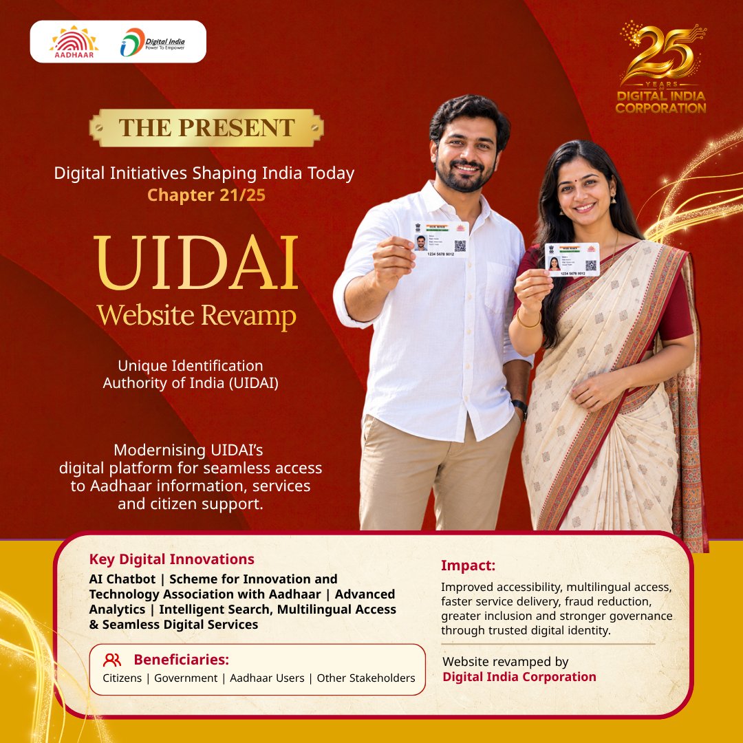 DigitalIndiaCrp's tweet photo. UIDAI Website Revamp | Seamless Access to Aadhaar Services

The UIDAI Website Revamp is modernising UIDAI’s digital platform to enable seamless access to Aadhaar information, services and citizen support.

With innovations such as AI Chatbot, advanced analytics, intelligent search and multilingual access, the platform is improving accessibility, enabling faster service delivery, reducing fraud and strengthening governance through trusted digital identity.

Beneficiaries: Citizens | Government | Aadhaar Users | Other Stakeholders