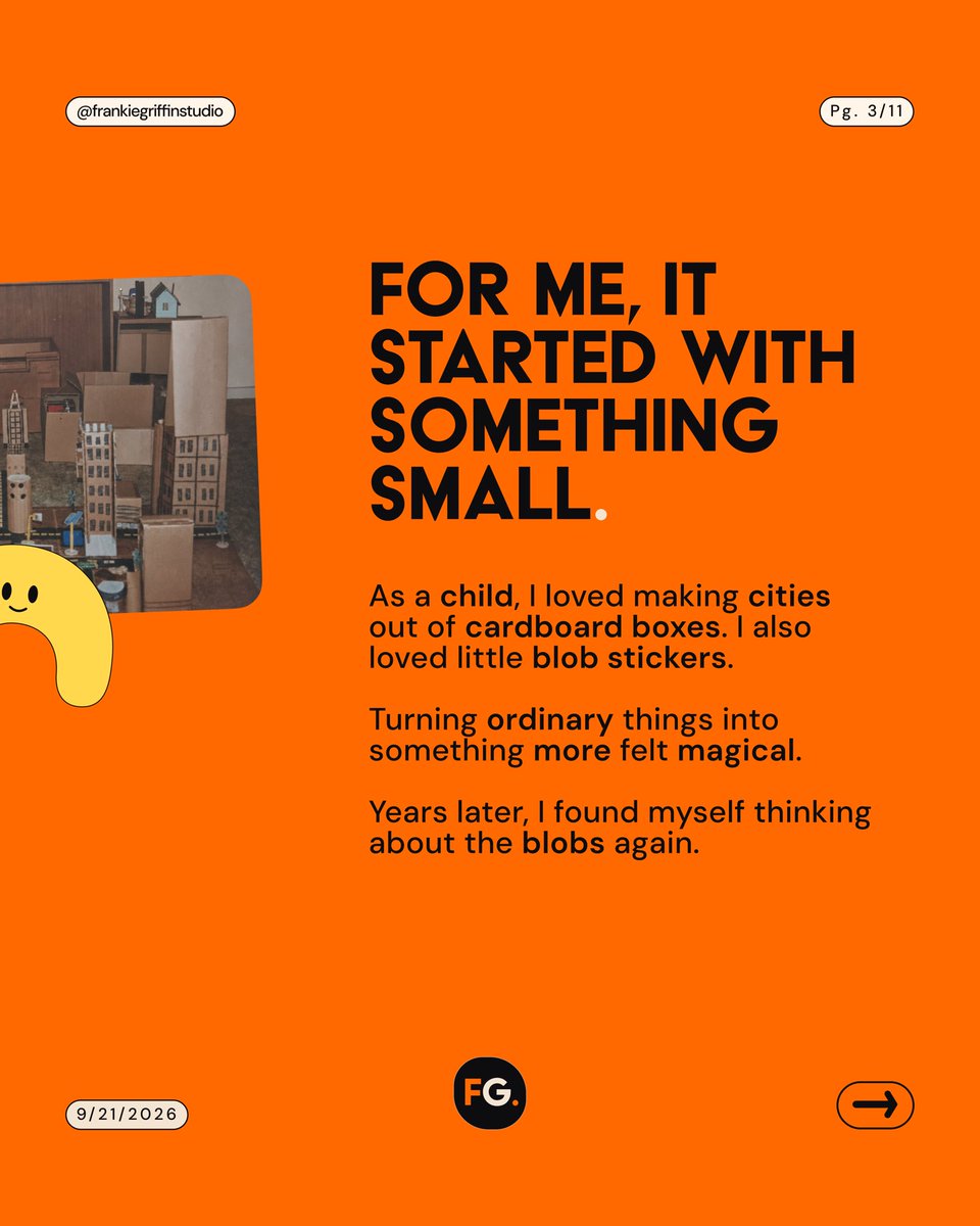 FrankieGStudio's tweet photo. 1/3 | When polish becomes easy, humanity becomes the difference.
This started with something small I loved as a child. Blob stickers, cardboard cities, and the joy of turning ordinary things into something more.
Years later, that feeling found its way back into my work.

Meet the Blob Crew at https://t.co/lCZmkDrYZ2 

#LearningDesign #IntentionalAI #HumanIdeas #DesignProcess