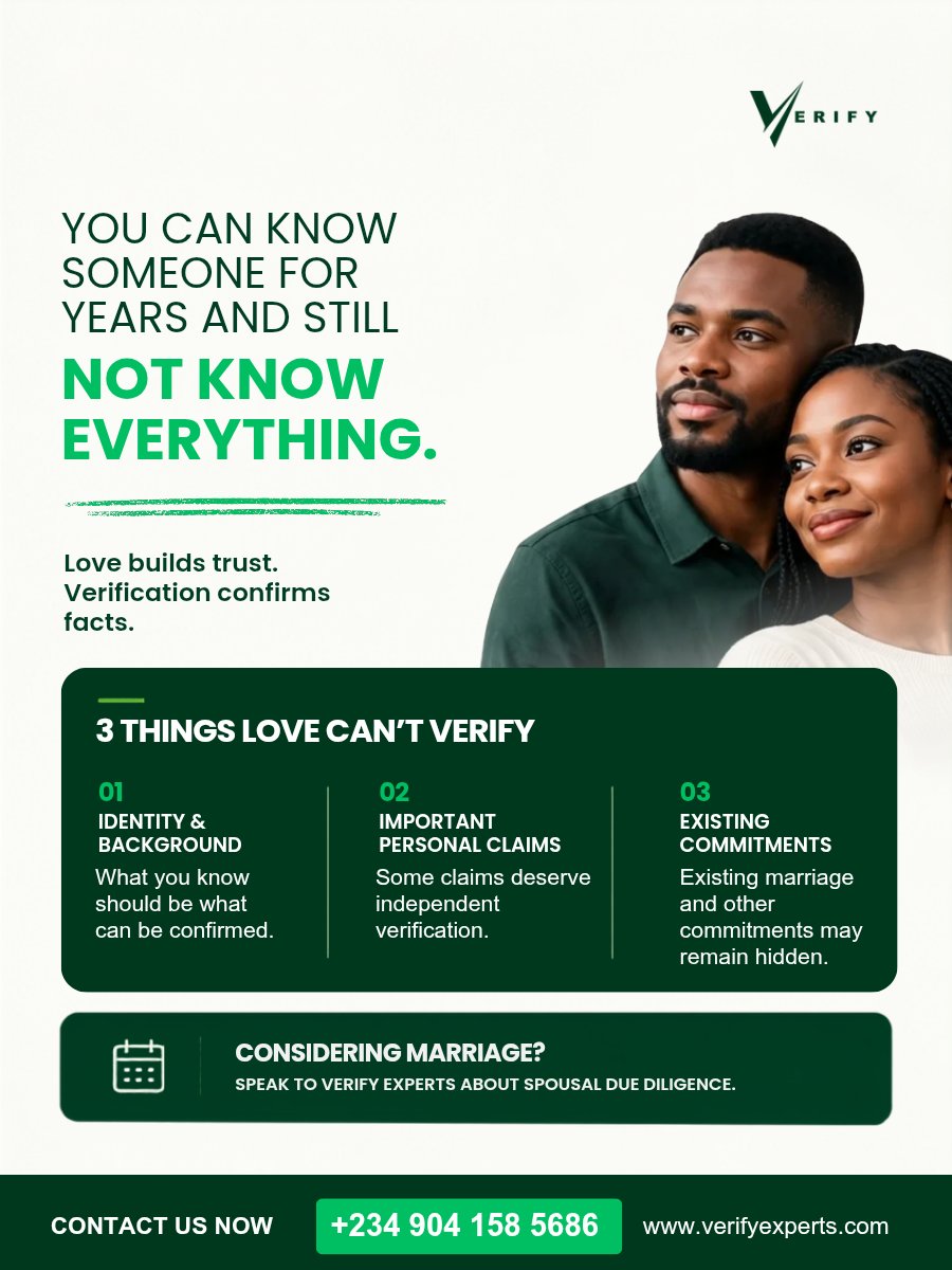 VExpertsNG's tweet photo. Spousal due diligence isn't about doubt, it's about clarity. Identity, background, and existing commitments deserve independent verification, not assumption.

Are you considering marriage? Speak to Verify Experts about spousal due diligence.
📞 Call now: +234 904 158 5686
#Verify https://t.co/3qEmBtH03T