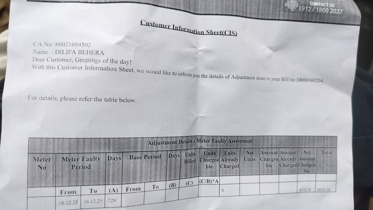 Pinku754528's tweet photo. @TPWODL This is regarding my electricity bill adjustment for Meter Faulty Assessment. The adjustment shown is ₹6,026.38 for the period 18.12.2023 to 16.12.2025 (729 days).
I request you to kindly verify the calculation and provide the detailed basis for this adjustment. https://t.co/9Kw8RssyMi