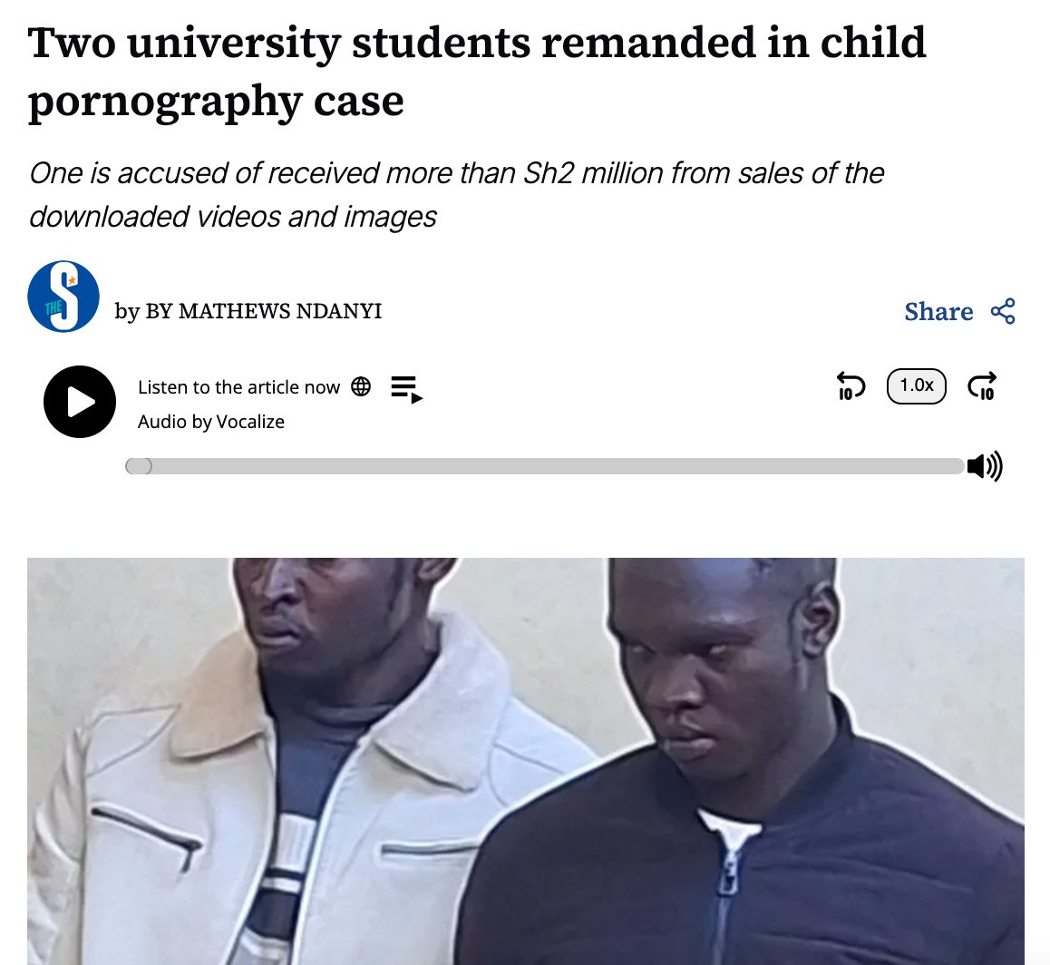 Odangaring's tweet photo. There's a case in court that I think is worth observing for anybody in Digital Rights

The state arrested 2 students for the distribution Child Pornography and says that they made ksh 2 million from it..

It's Likely the highest figure for CSAM distribution to land in our courts https://t.co/ac4gOPPbEX