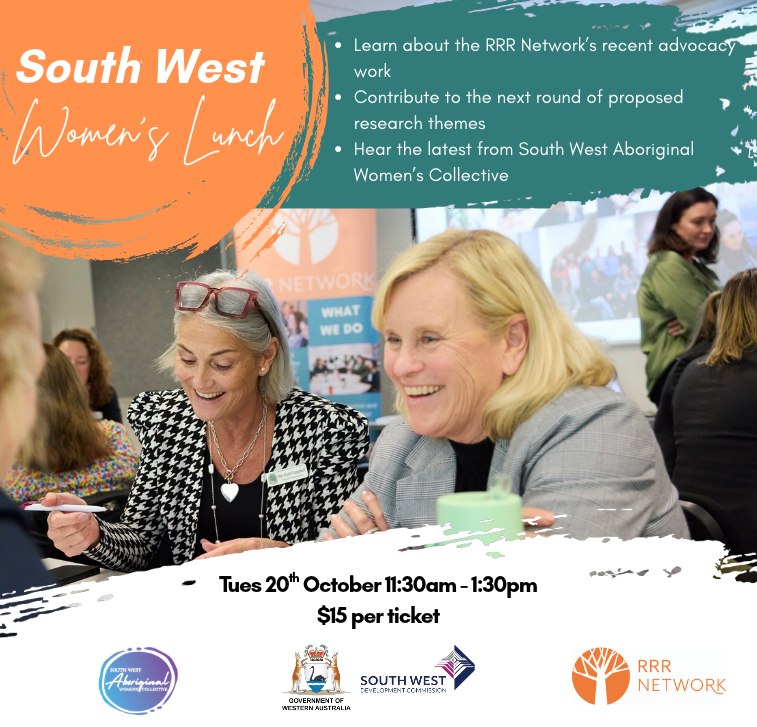 RRRNetwork's tweet photo. Busselton, it’s time to get together!

Join RRR Network, South West Aboriginal Women’s Collective &amp; South West Development Commission for an afternoon of connection and conversation.

📅 Tuesday 20th October
📍 Hilton Garden Inn Busselton

🎟️ https://t.co/4iZWAoJ8Ch https://t.co/BQE9UTYSe8