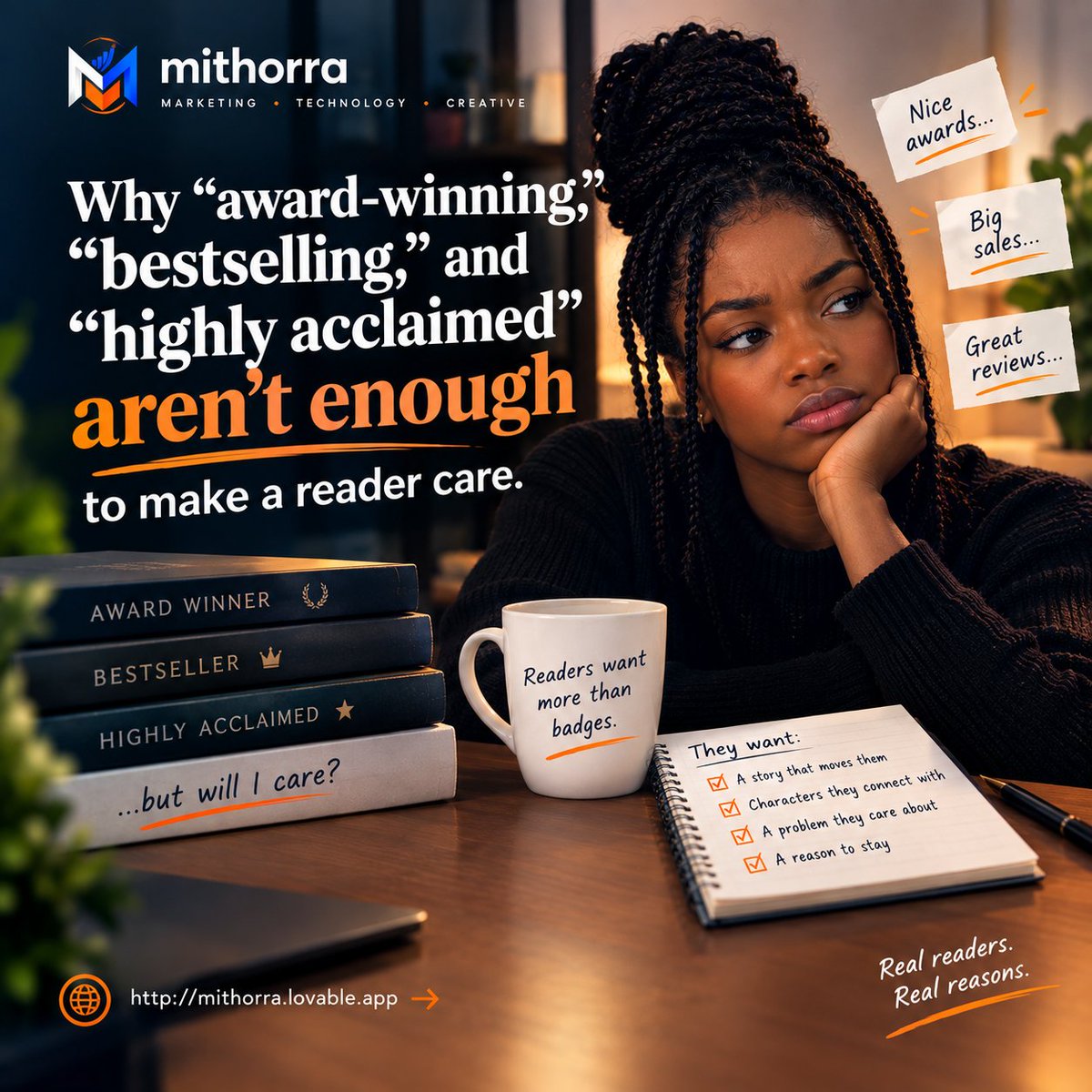 mithorra's tweet photo. “Award-winning.” “Bestselling.” “Highly acclaimed.”
Great credentials. But the reader still asks: “Why should I care?”
Credibility builds trust. Relevance creates interest.
Does your book marketing communicate both? 📚

Read the full story on https://t.co/5EaEbxNZw5 https://t.co/B3eyeu38AH