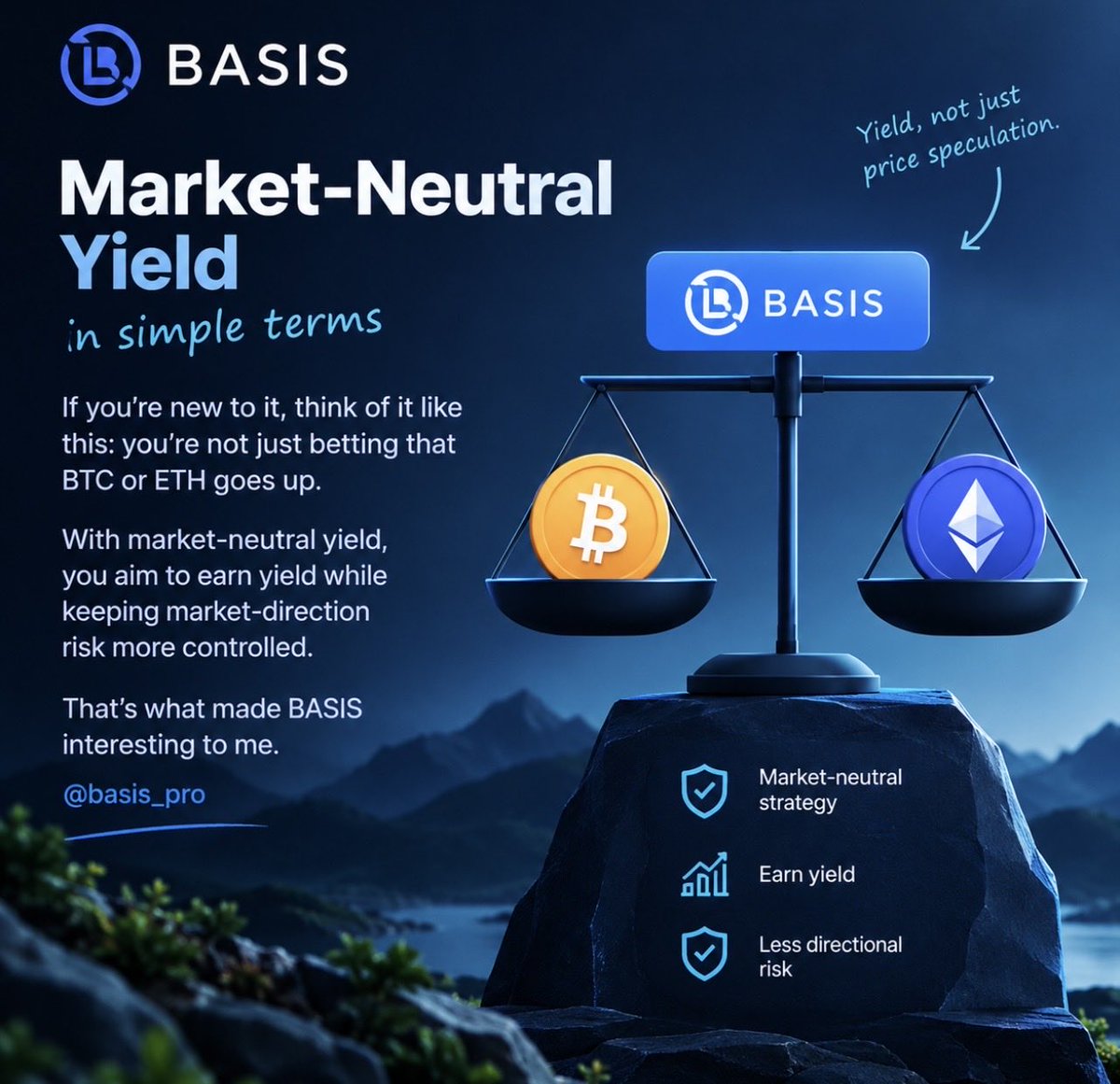 ahovy_17's tweet photo. If I had to explain market-neutral yield to a beginner, I’d say: you’re not simply betting that BTC or ETH goes up. The goal is to earn yield while keeping market-direction risk more controlled. That’s what made BASIS interesting to me. @basis_pro https://t.co/glxXKFP3Ez
