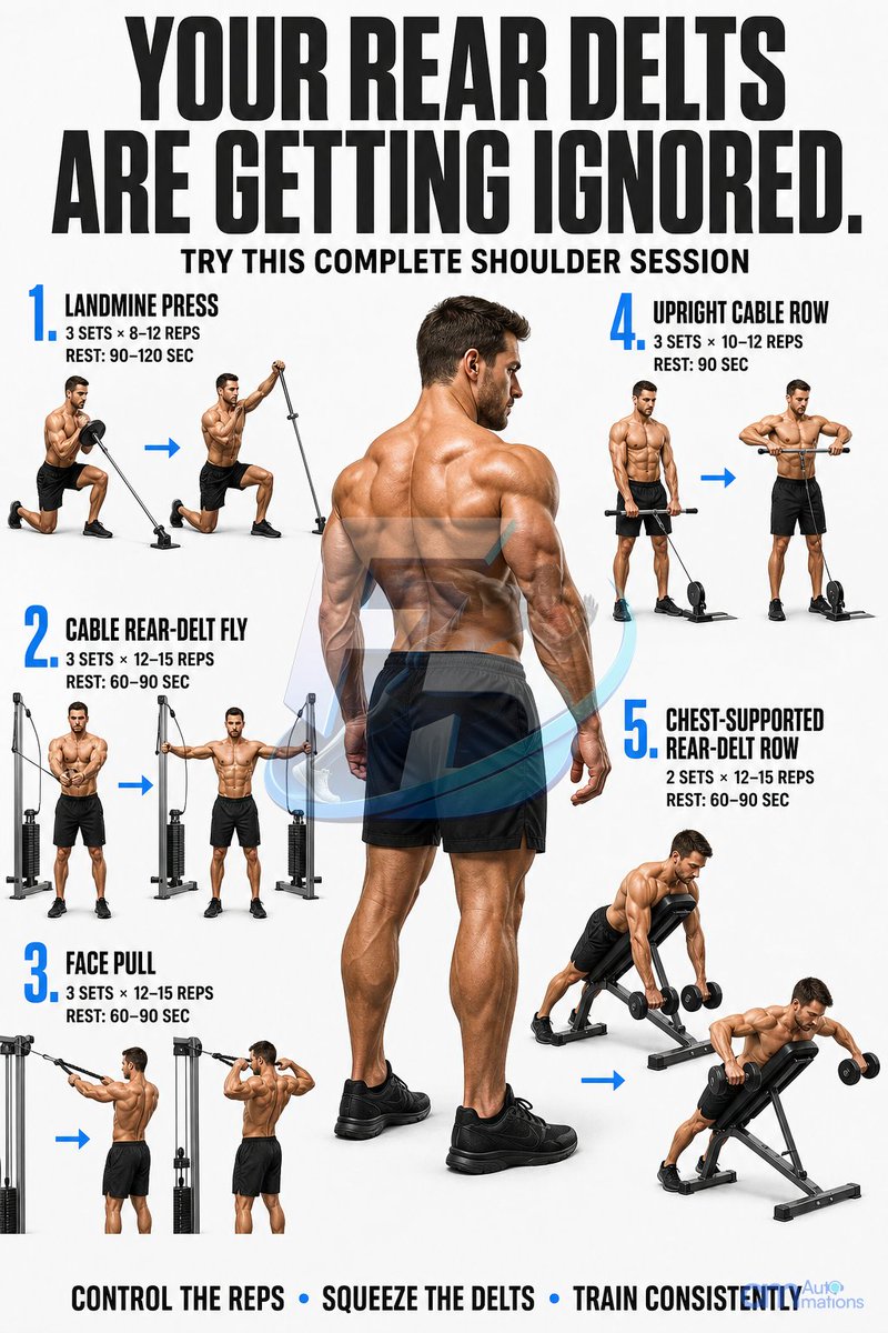 Fit_Decoded's tweet photo. Exercise order sets your priorities. If rear delts always come last, they get leftover energy. Try rear-delt flies before pressing for a few weeks. Track reps with the same weight and form. #StrengthTraining #RearDelts #FitDecoded https://t.co/6CWzIHC2Q0
