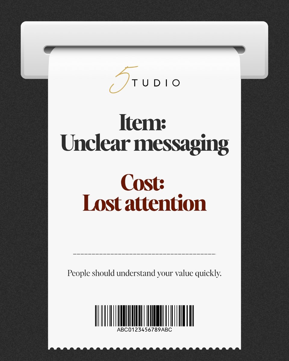 5tudio5's tweet photo. If your business got a marketing receipt today, what would be on it?

Every unclear message, inconsistent post, outdated page or missed opportunity has a cost. https://t.co/jvoZeBS7v8