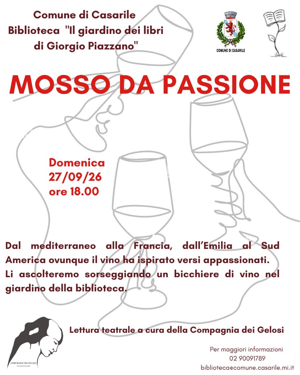 compagniagelosi's tweet photo. 🍇 MOSSO DA PASSIONE🍇
🍷#Settembre è il mese della vendemmia.
🥂E che cosa c'è di meglio di uno spettacolo dedicato alla #poesia? Se poi accompagna l'ascolto un calice di vino novello, il godimento sarà massimo!
#27settembre #Casarile #lettureconsigliate #vino https://t.co/kJq8NNLdOw