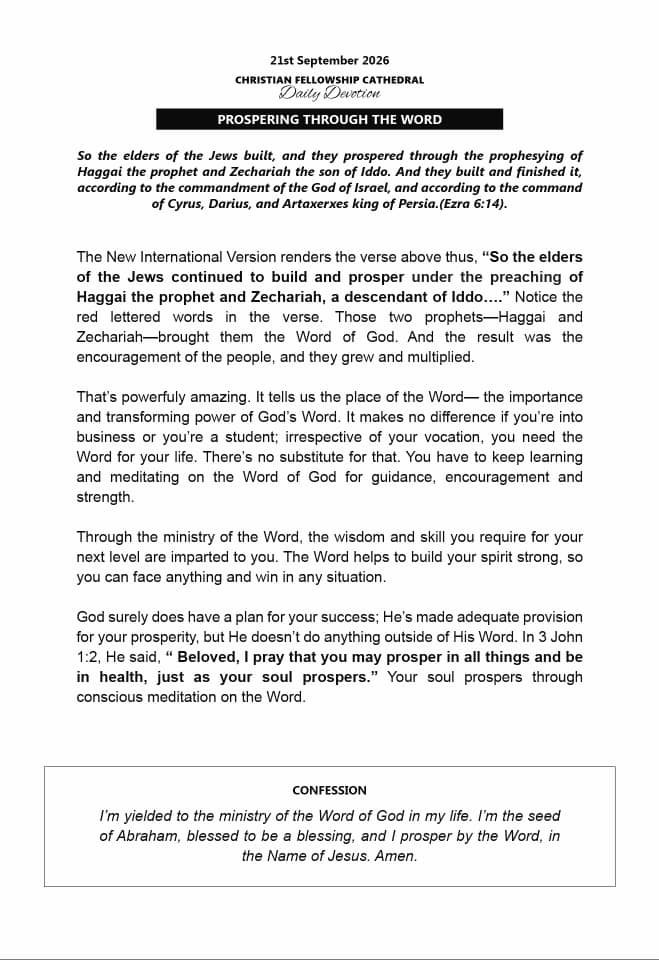 CFCFORTPORTAL's tweet photo. Christian Fellowship Cathedral (CFC)
Fort Portal
Daily Devotion (21st September 2026)
Prospering Through The Word
#CFCDailyDevotion
#TheGospelOfTheKingdom
#2026_JesusOurWisdom https://t.co/mKZJE5o8J6