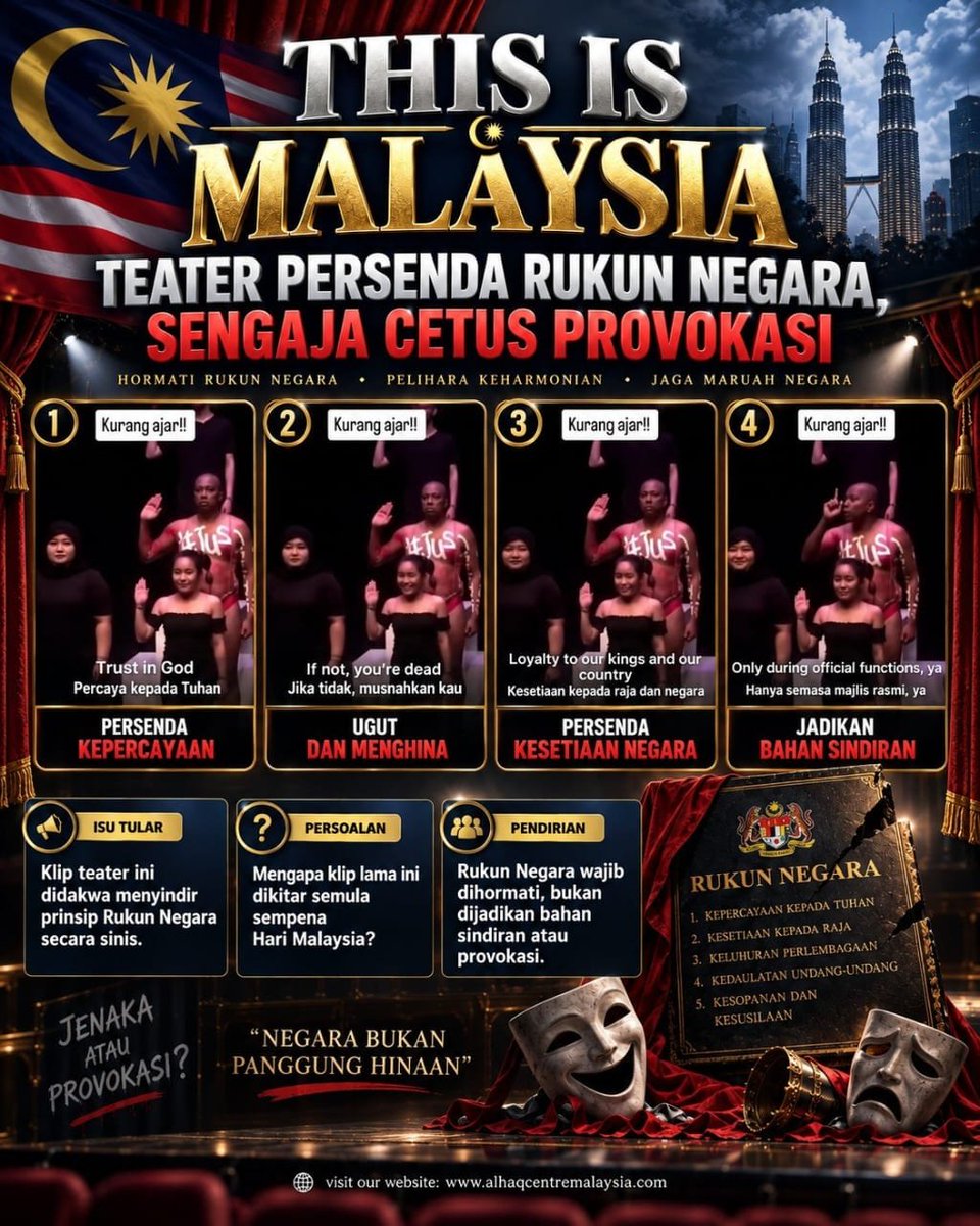 alhaqcentre's tweet photo. "THIS IS MALAYSIA"
TEATER PERSENDA RUKUN NEGARA, SENGAJA CETUS PROVOKASI
#ThisisMalaysia #teater #RukunNegara #TheFeverKinetic #TheFeverLab
Read more:
https://t.co/n0SbO5qiEI https://t.co/EClcmP1UBK