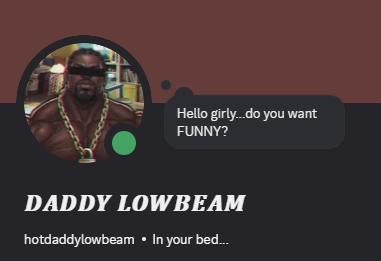 HotDaddyLowbeam's tweet photo. 💪🏿// I’ve set up a Discord account just in case - feel free to add me. 

Also, please recommend some Discord channels for RP with minimal limits...I would be very grateful😉 https://t.co/fiDM7mVwdQ