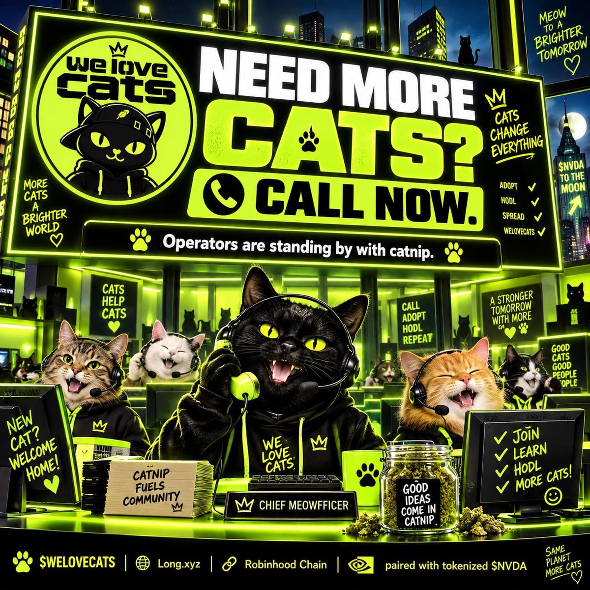 LyranElite's tweet photo. NEED MORE CATS? CALL NOW. ☎️🐾
Operators are standing by. The Kingdom is recruiting.
$WELOVECATS • https://t.co/NTWtOU2NL3 • Robinhood Chain • paired with tokenized $NVDA
Same planet. More cats. https://t.co/wXBz3KKUpf