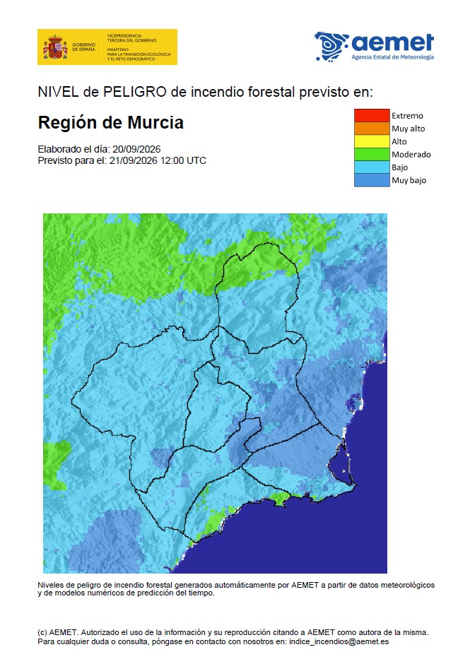 112rmurcia's tweet photo. ¡Buenos días!
El nivel de peligro de incendio forestal previsto por la @AEMET_Esp para hoy lunes es
MUY BAJO en el Litoral este y Vega Alta-Ricote-Murcia.
BAJO en el Altiplano, Cuenda de Mula, Guadalentín, Litoral oeste y Noroeste. https://t.co/BU8q76Gqs0