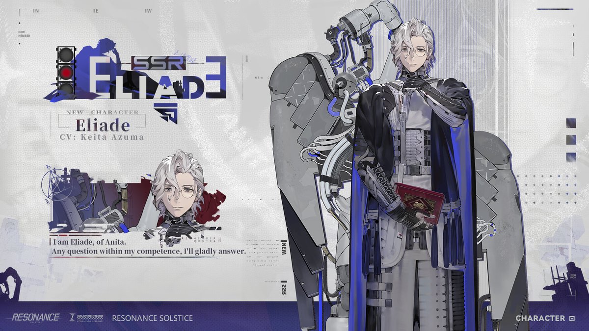 ResonanceGlobal's tweet photo. 🎫ResoFile | Eliade

✄ ┈┈┈┈┈┈┈┈┈┈
"Something proving difficult? There's no need to rush. We can work through it together."

Eliade's daily habits are exceptionally healthy. He keeps to a rhythm of early nights, early mornings, and exercise on a fixed schedule, and has never once adjusted it, even after colleagues took to calling it an old man's routine. Barring the unexpected, any morning after five thirty there is a fair chance of finding him at the exercise equipment in the crew activity car.

>>Download Now: https://t.co/rjGstlTkUg
>>Download PC version on the official website: https://t.co/V0Sif4r893
Note: For the best game experience, it is recommended to download the full package and play the PC version.

#ResonanceSolstice #ResonanceGlobal #Resonance #レゾナンス