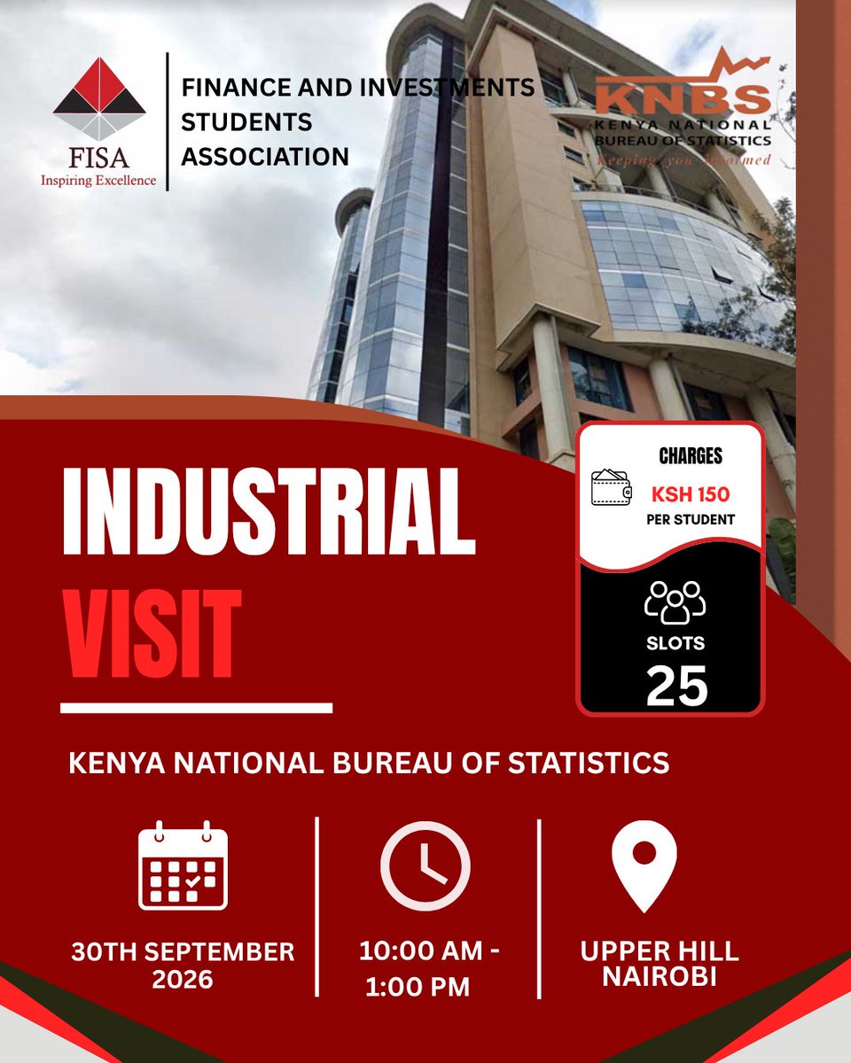 FisaUonbi's tweet photo. 🚨 FISA INDUSTRIAL VISIT TO KNBS 🚨
Gain industry exposure, interact with professionals, understand how data and statistics shape economic and financial decisions, and expand your professional network.
Paybill: 522522
Account No.: 5869408
📝 REGISTER HERE:
https://t.co/R1nFgZ8Ydq https://t.co/qfdLaTHs4p