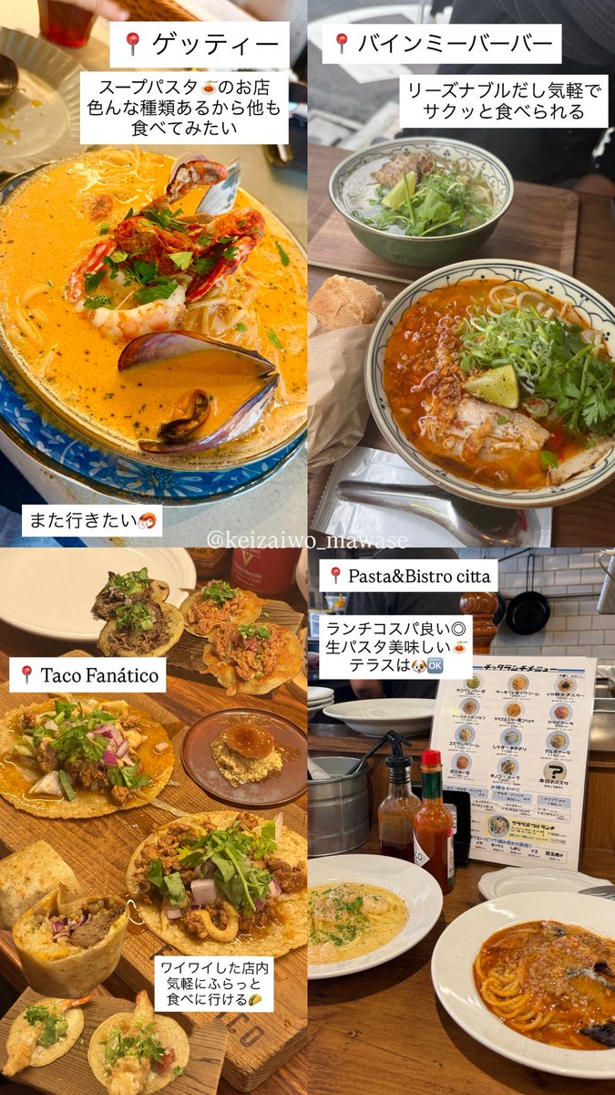 keizaiwo_mawase's tweet photo. 🌟ここ最近行って美味しかったお店🌟
①
・氷屋 きみこ（北参道/千駄ヶ谷）
・sobon（北参道/千駄ヶ谷）
・Bon Vent ボンヴァン（北参道/千駄ヶ谷）
・Bonnet./ボネ（祐天寺）
②
・Batacocinq(バタコサンク)（学芸大学）
・TUTU（学芸大学）
・SiESOL（学芸大学）
・レイジーコーヒー（学芸大学）
③
・洋食グラスオニオン（三軒茶屋）
・サラム ナマステ（新高円寺）
・梅丘 寿司の美登利 総本店（梅ヶ丘）
・かかん 富ヶ谷店（代々木公園）
④
・ゲッティー（中目黒）
・バインミーバーバー（中目黒）
・Taco Fanático NAKAMEGURO（中目黒）
・Pasta&Bistro citta（中目黒）