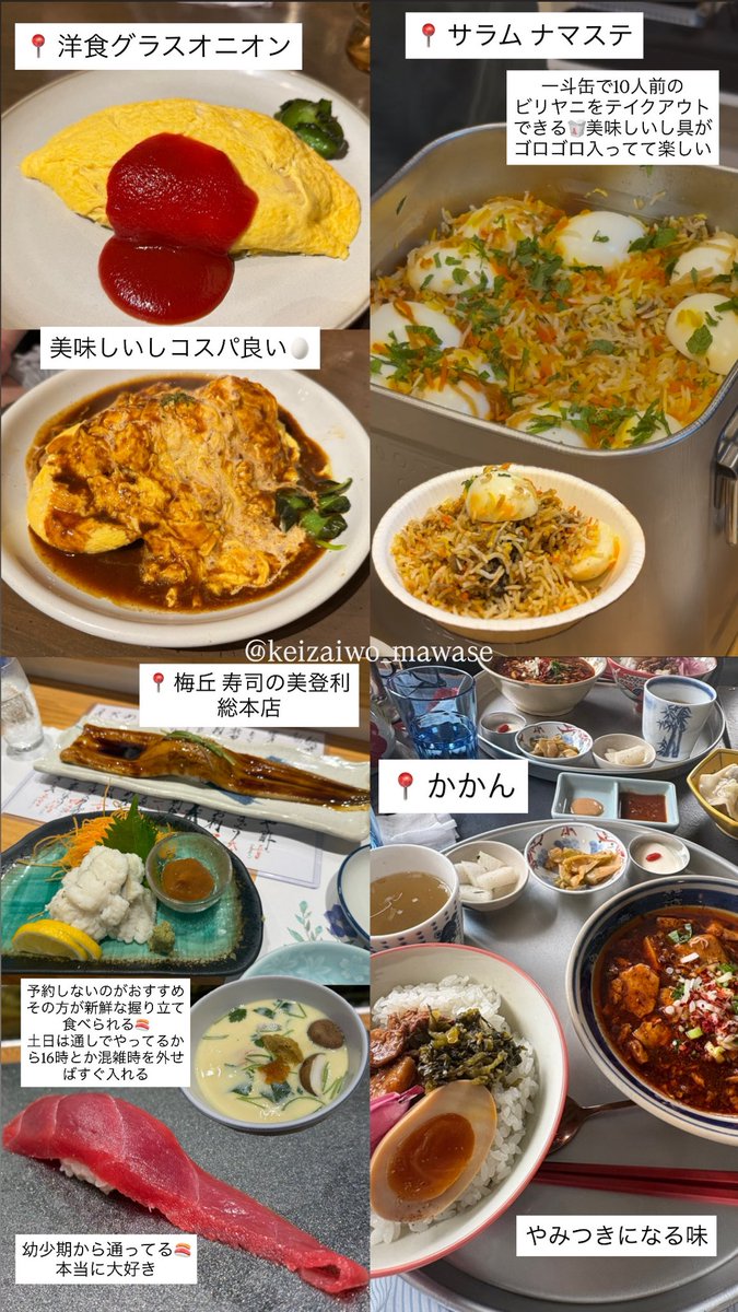 keizaiwo_mawase's tweet photo. 🌟ここ最近行って美味しかったお店🌟
①
・氷屋 きみこ（北参道/千駄ヶ谷）
・sobon（北参道/千駄ヶ谷）
・Bon Vent ボンヴァン（北参道/千駄ヶ谷）
・Bonnet./ボネ（祐天寺）
②
・Batacocinq(バタコサンク)（学芸大学）
・TUTU（学芸大学）
・SiESOL（学芸大学）
・レイジーコーヒー（学芸大学）
③
・洋食グラスオニオン（三軒茶屋）
・サラム ナマステ（新高円寺）
・梅丘 寿司の美登利 総本店（梅ヶ丘）
・かかん 富ヶ谷店（代々木公園）
④
・ゲッティー（中目黒）
・バインミーバーバー（中目黒）
・Taco Fanático NAKAMEGURO（中目黒）
・Pasta&Bistro citta（中目黒）
